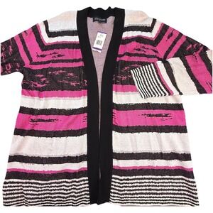 Jones New York Womens Sweater 2X Plus Pink Black Striped Open Front Career NWT